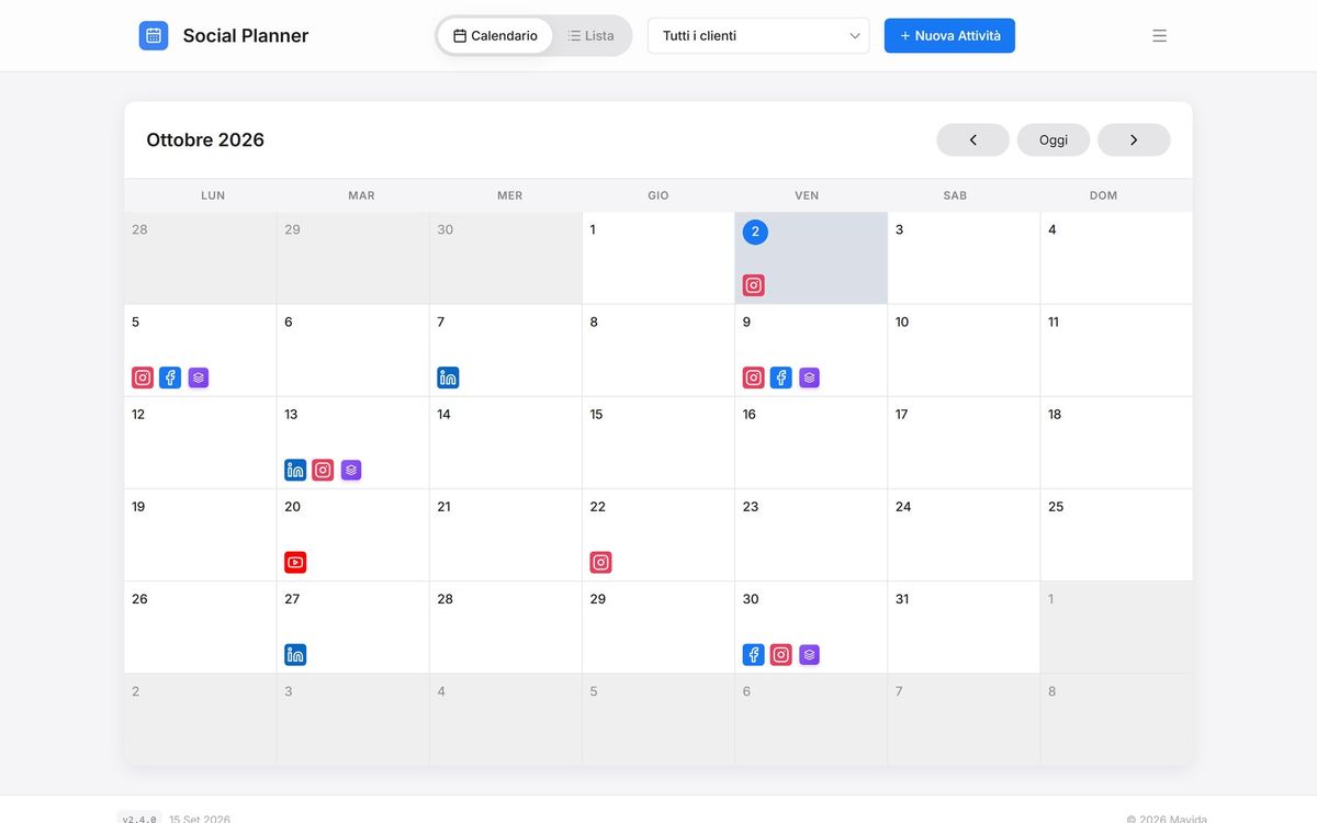 Schermata di Social Planner: Il calendario editoriale di tutti i tuoi clienti, in un solo posto.